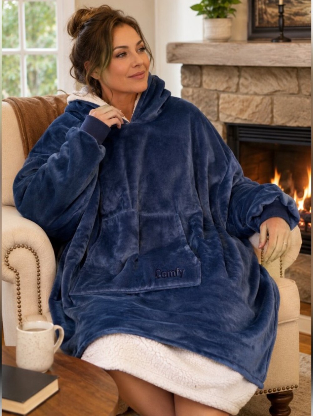 The Original Comfy Hoodie Blanket Sherpa Lined Blue Velour Cover Up
